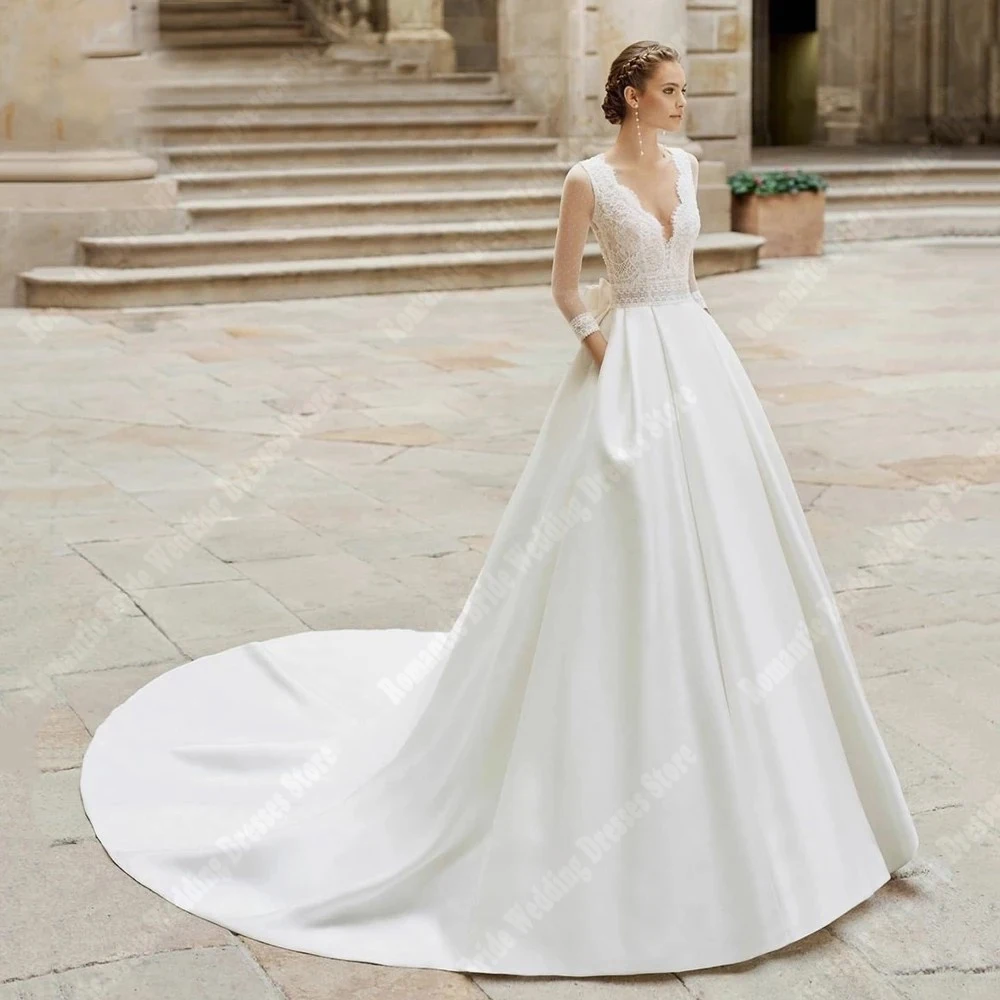 Vestidos De novia elegantes De satén para mujer, cuello en V formales con Vestidos De novia, Vestidos De princesa para banquete, longitud hasta trapeado, 2024