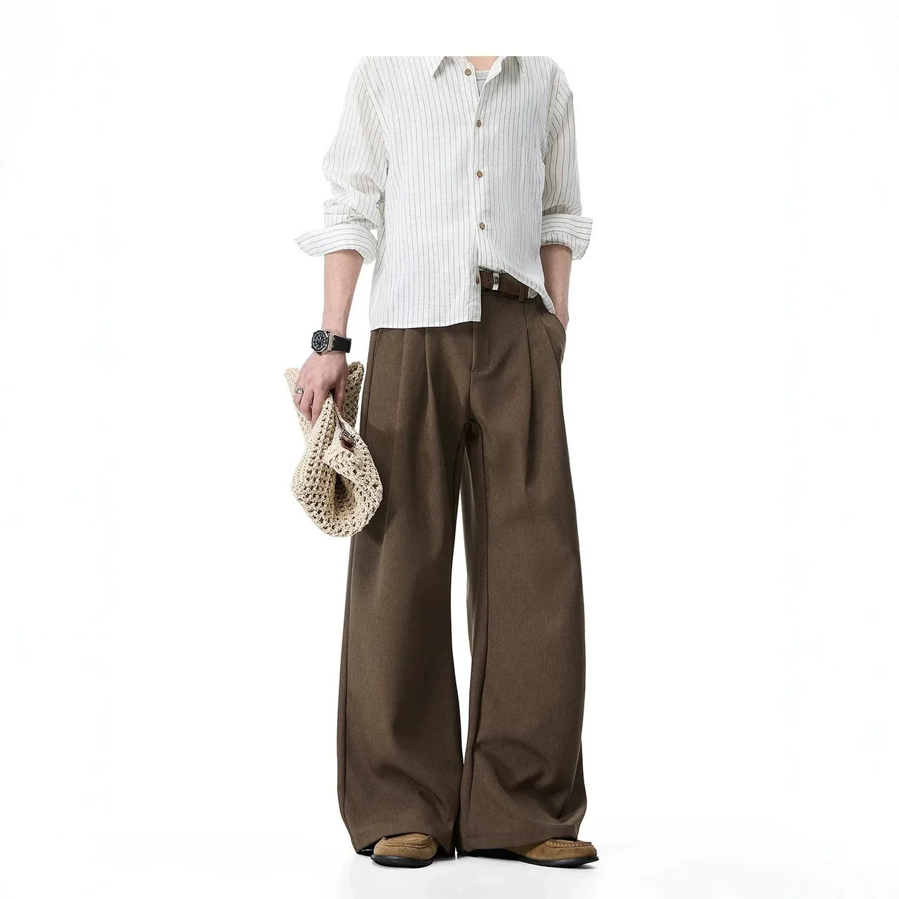 2026 Retro Solid Color Drape Trousers Men's Trend Loose Wide-leg Casual Versatile Old Money Wind Trousers