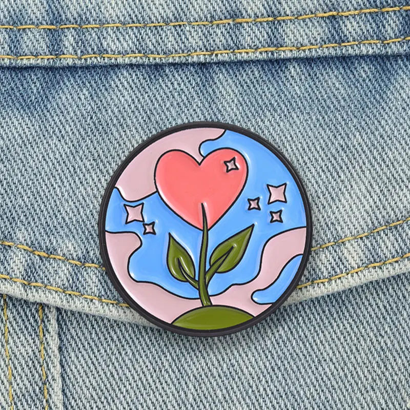 Herz-Blumen-Planeten-Emaille-Pins, Himmel-Stern-Broschen, Cartoon-Liebes-Wachstums-Reversnadel, Positiver-Güte-Schmuck, Geschenk für Freunde