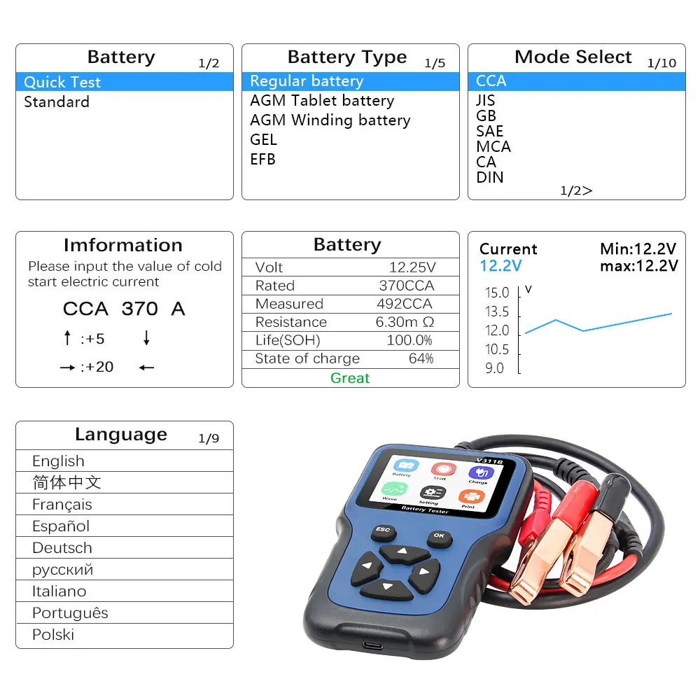 V311B Portable 12V Car Battery Tester Professional Automotive Vehicle Battery Diagnostic Testing Tool Auto Battery  Analyzer - view 5