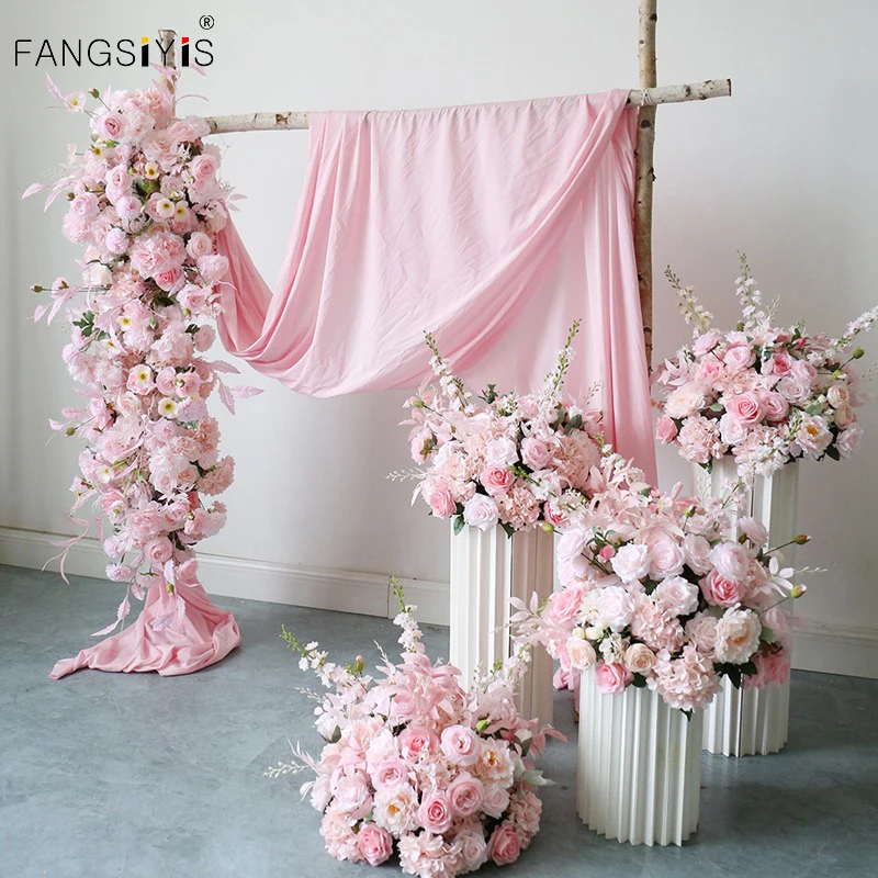 

Artificial Pink Flower Wedding Arches Corner Hanging Floral Row Custom Wall Backdrop Arrangement Welcome Sign Props Table Flower