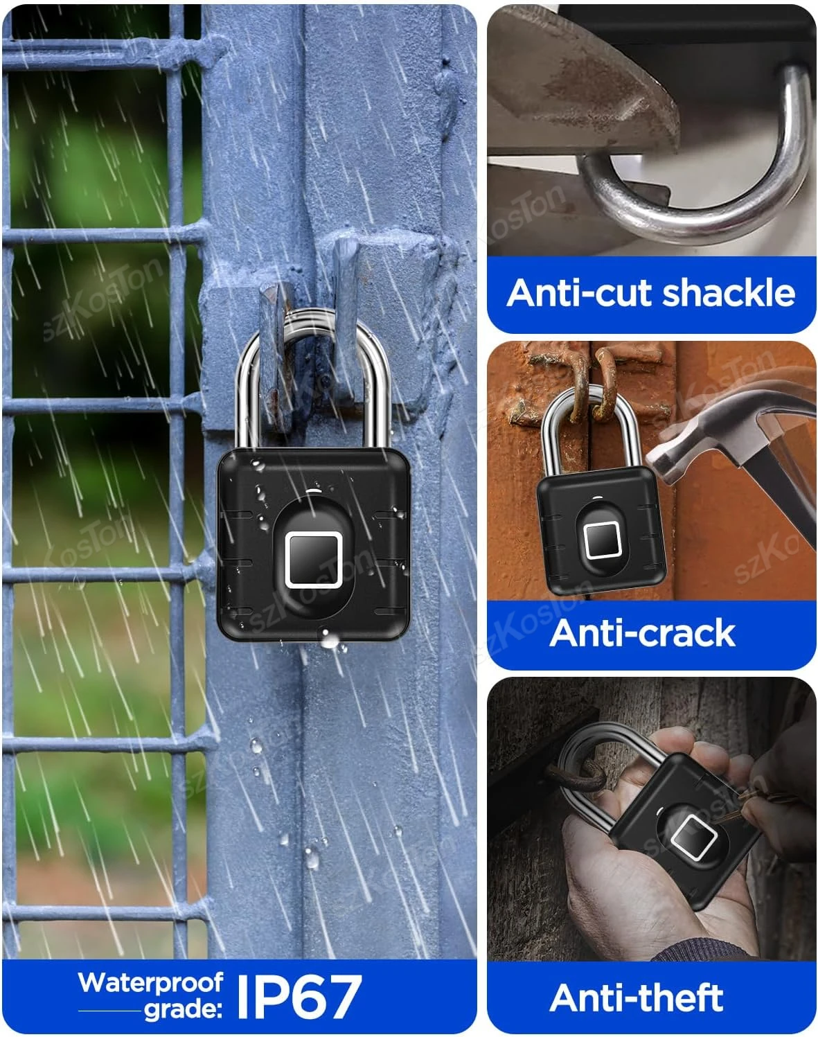 Fingerprint Smart Lock IP67 Waterproof Fingerprint Smart Lock Locker Anti-theft Padlock for Luggage Suitcase Backpack Bike