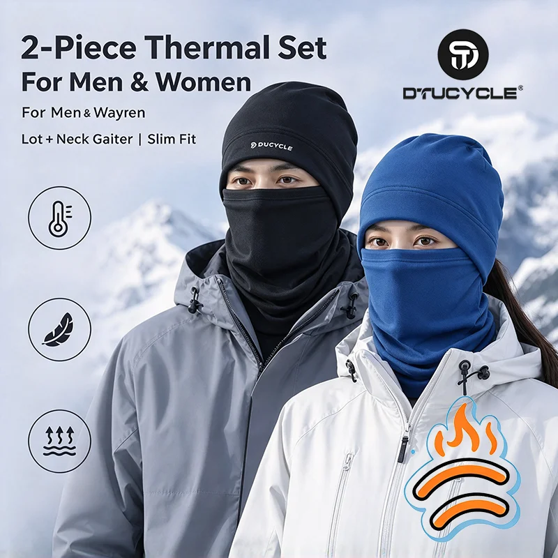 Dtucycle Autumn and Winter Thermal Two-Piece Set, Consisting of a Fleece-Lined Thermal Hat and a Temperature-Locking Neck Warmer, Lightweight and Skin-Friendly, Does Not Feel Bulky When Worn, Ear-Protecting Design, the Hat Body Can Easily Be Worn under a Cycling Helmet, the Neck Warmer Can Be Flexibly Converted into a Face Mask and Other Wearing Styles, High-Elastic Fabric Fits Snugly Without Being Too Tight, and Is Breathable Without Causing Stuffiness. Suitable for Cycling, Commuting, Mountain Climbing, Skiing and Other Activities, One Set Can Provide Warmth for Outdoor Trips in Autumn and Winter.
