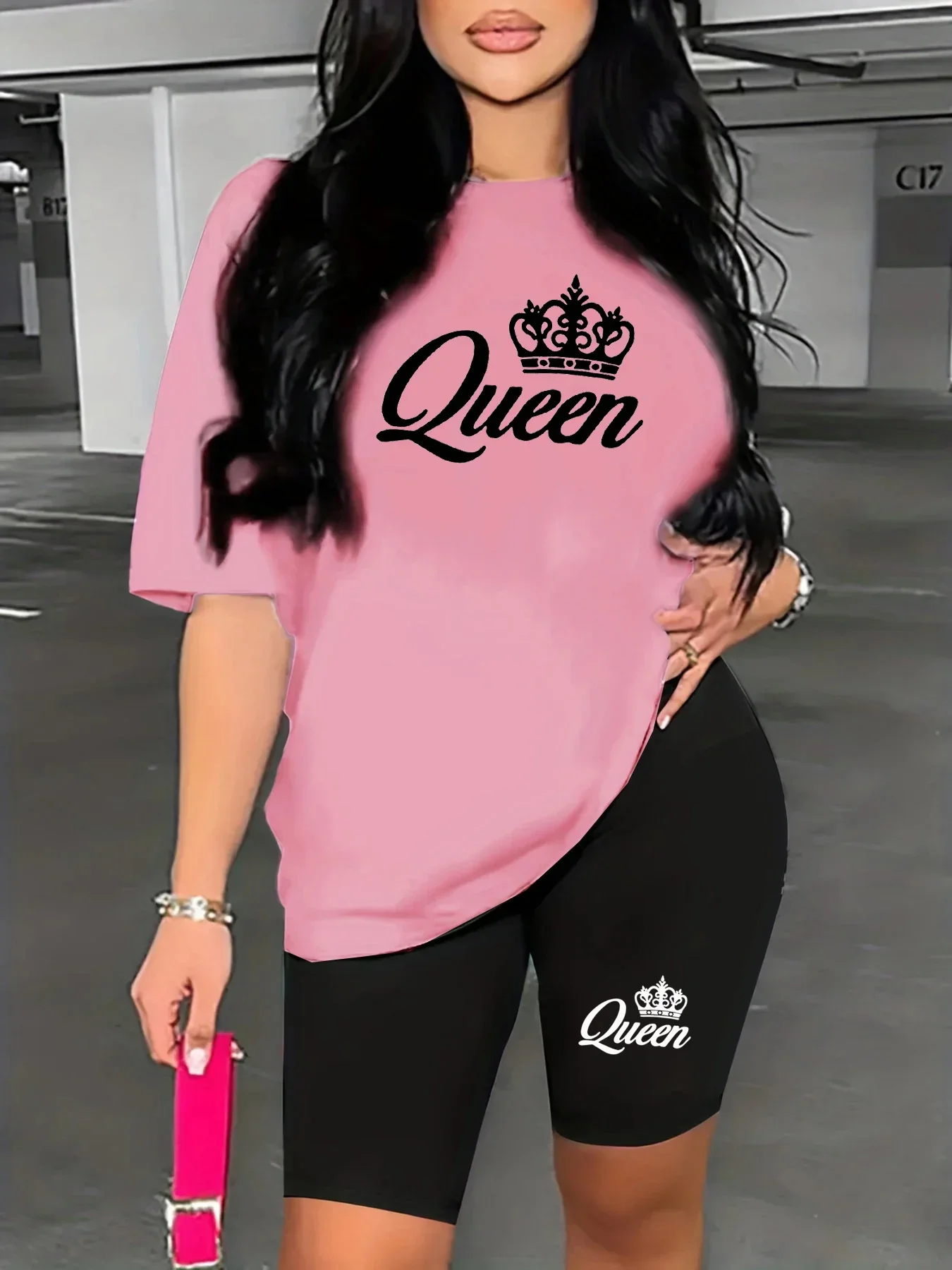 Damen Königin gedruckt lose Rundhals ausschnitt Kurzarm T-Shirt Shorts zweiteiliges Set
