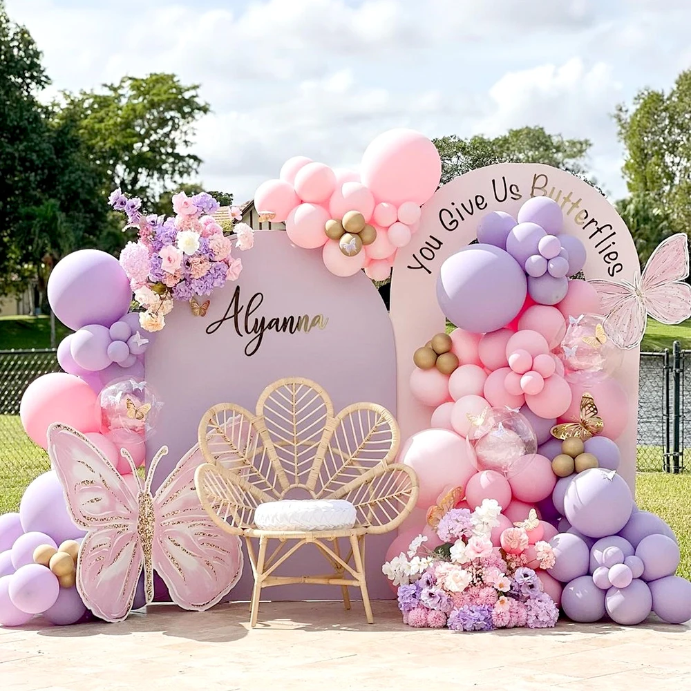 Pastel Pink Purple Balloon Garland Kit Gold Butterfly Cutouts Props DIY Birthday Baby Shower Wedding Party Decor Backdrop