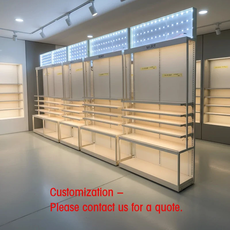 custom.Cosmetics Shop Display Rack Metallic White Full Wall LED Custom Multi Tier Skincare Shelf Beauty Retail Mall