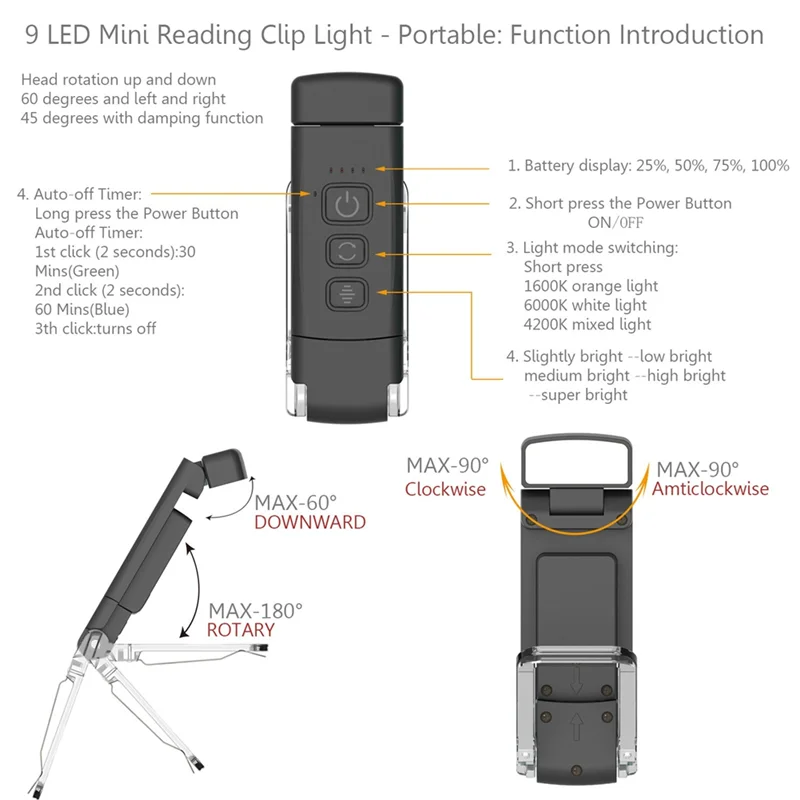 

Book Light with Timer USB Rechargeable Reading Light Clip-on Read Lamp Bookmark Night Light Book Lamp 5 Brightness-Milky