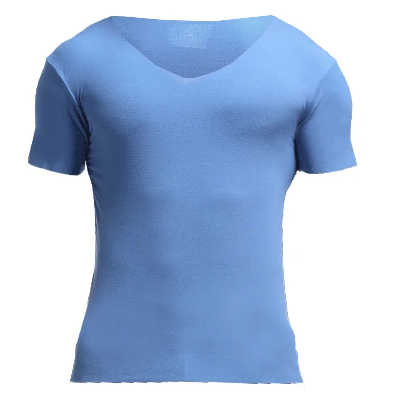 

Мужская бесшовная футболка с коротким рукавом, однотонная, с V-образным вырезом, облегающая, для ношения под одеждой