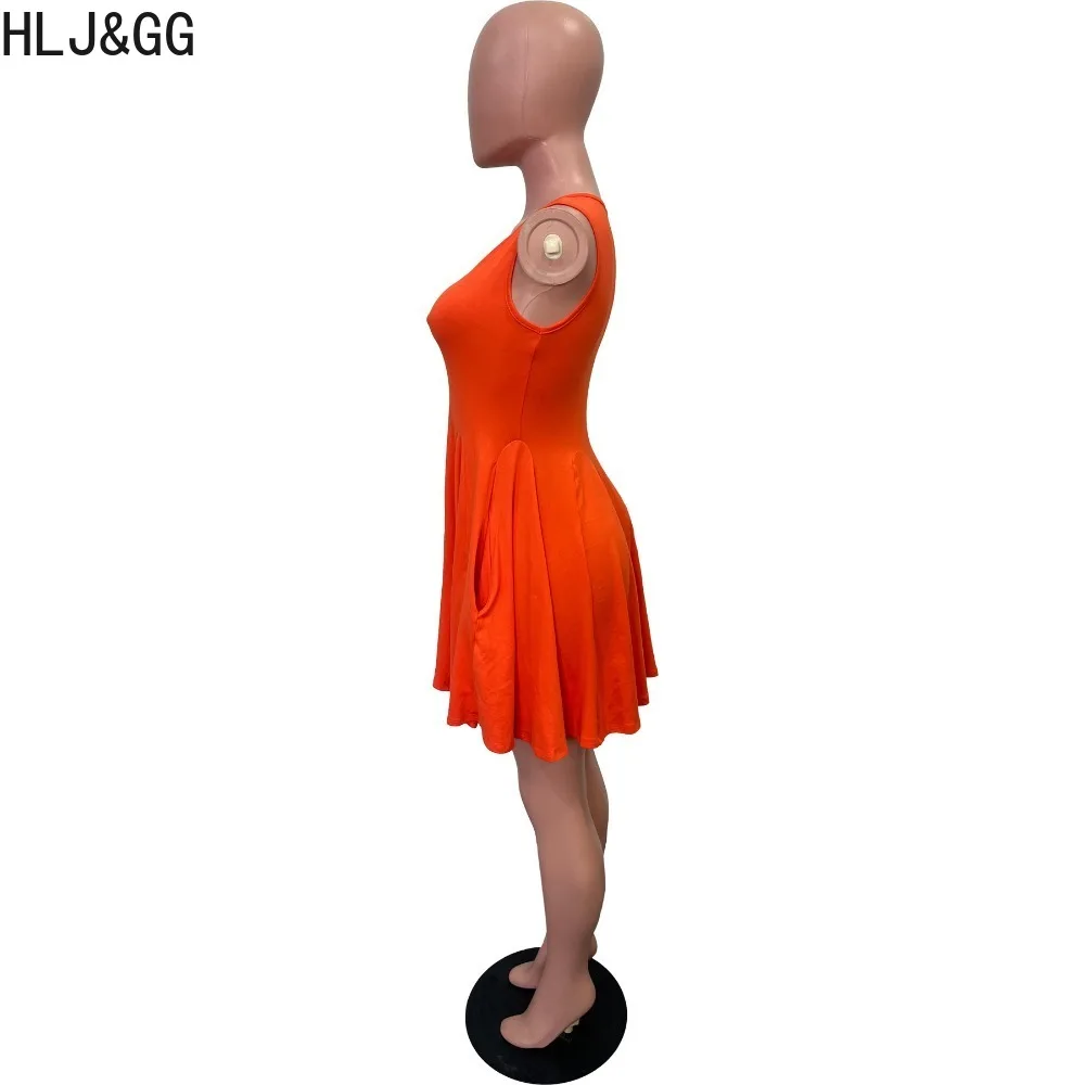 HLJ&GG Orange Spring New Solid Color Loose A-line Mini Dresses Women Round Neck Sleeveless Pocket Vestidos Fashion Streetwear