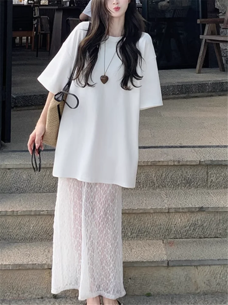 

New Summer Fashion Black White Lace Patchwork Dress Holiday Street Lazy Style Women O Neck Short Sleeve Casual Loose Long Skirt