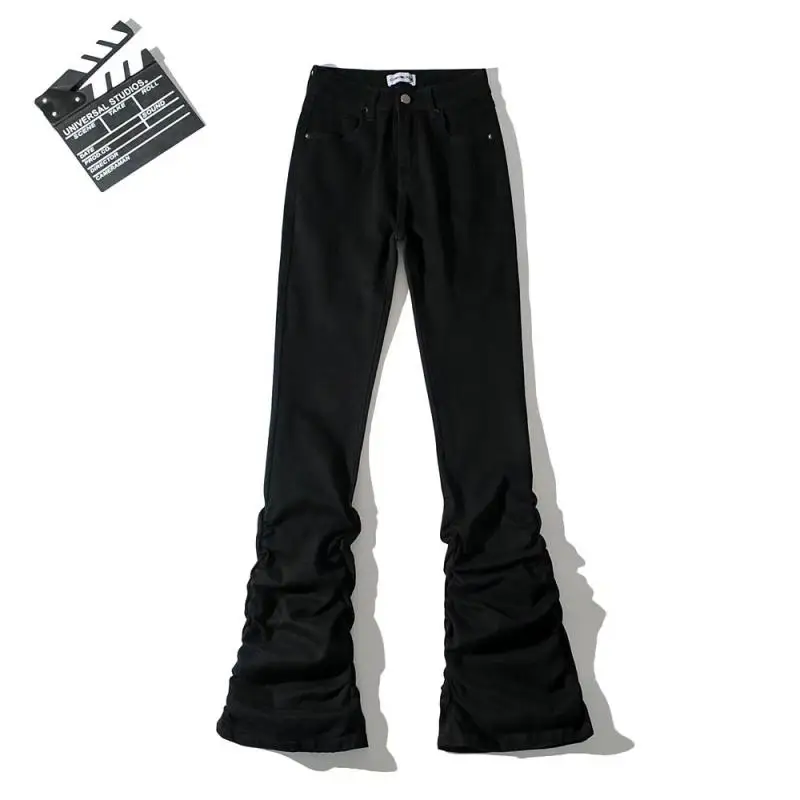 Women's High Waist Cotton Stretch Denim Pants Folded Hem Wrinkle Design Super Long Leg Lengthening Long Pants Spring Season