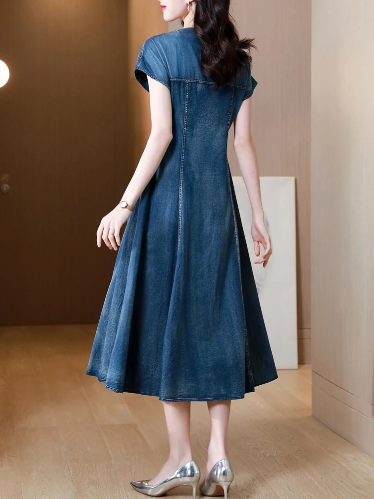 TIYIHAILEY Women Long Mid-Calf Short Sleeve Denim Summer Dress M-4XL  Embroidery V-Neck Single Breasted 2026 New - AliExpress 200000345