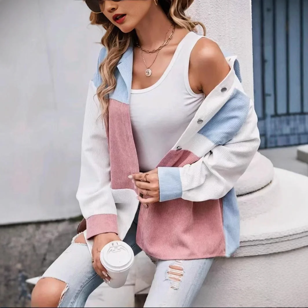 Tiktok عبر الحدود 2025 الخريف طويل Sve لون نقي سروال قصير irt مع رقعة كيت للنساء ملابس غير رسمية أنيقة