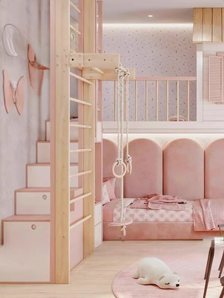 Tempat tidur putri dari kayu solid untuk anak-anak, tempat tidur multifungsi yang dapat diubah menjadi sofa, lucu.