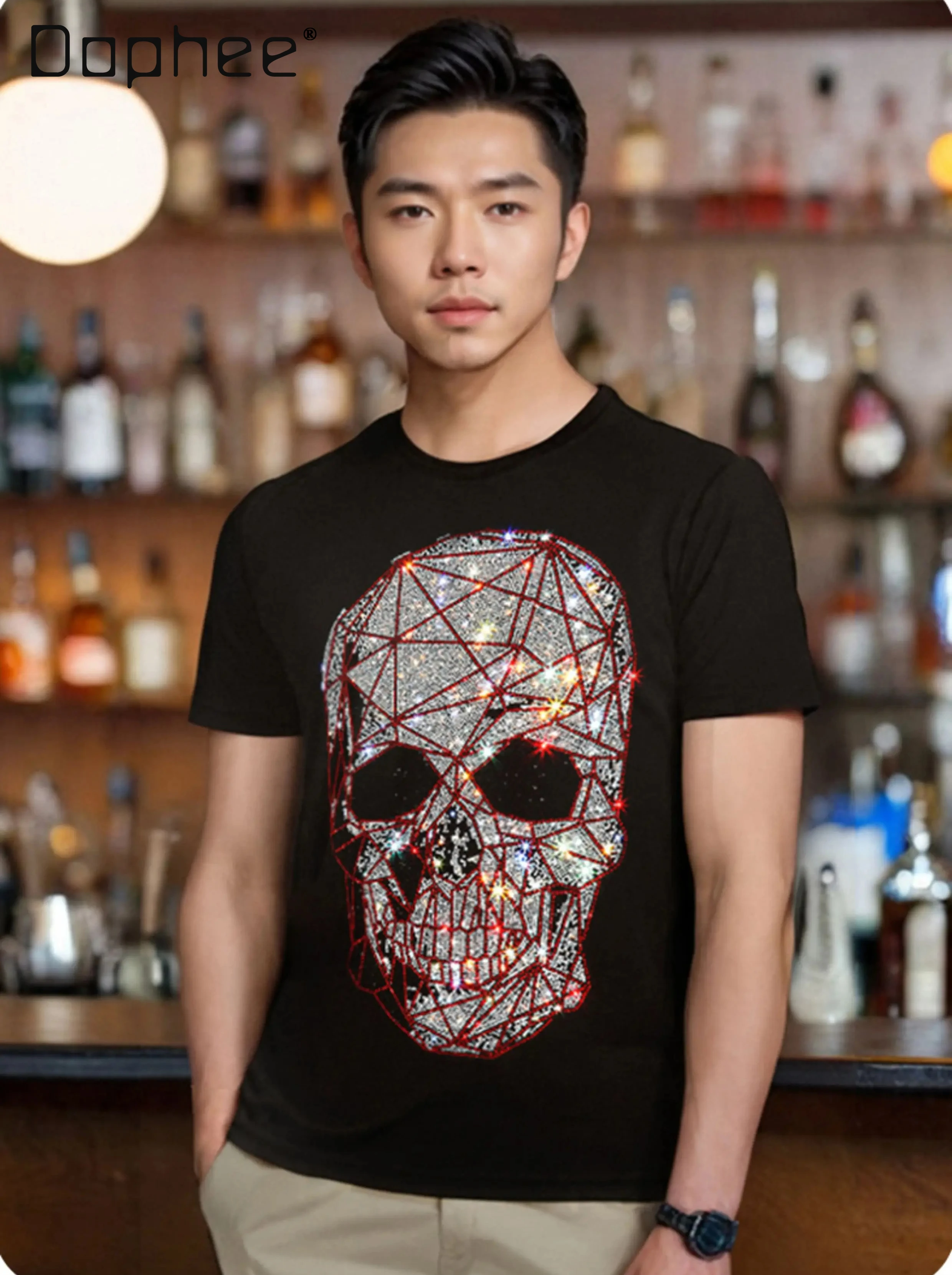 

2026 Summer New Men Geometric Skull Rhinestone Print Casual Round Neck Short Sleeve White Black Streetwear T-Shirt