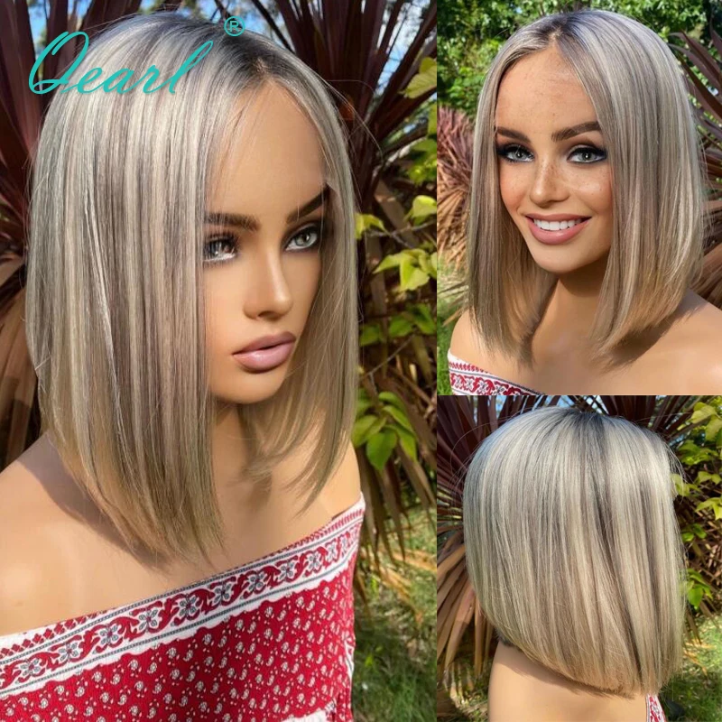 

Straight Human Hair Wig Short Bob HD Lace Frontal Wig 13x4 Light Grey Ash blonde Highlights Virgin Brazilian 150% Glueless Qearl