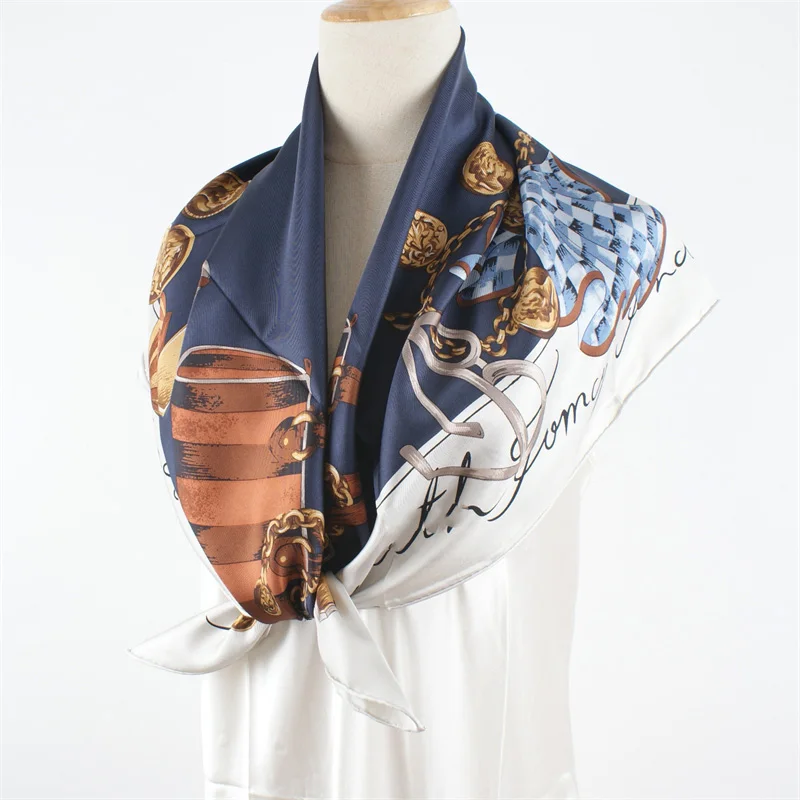 Large Square 100% Silk Scarf Shawl Navy Prints Womens Fashion Silk Foulard Neckerchief Necktie 88x88CM