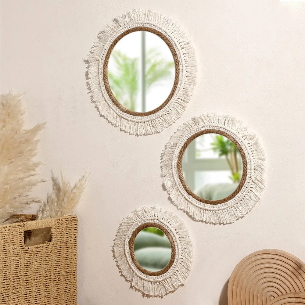 Boho Macrame Tassel Round Wall Mirror Set Rope Woven Fringe Decorative Mirror Handmade Wall Hanging Mirror for Wall Art Decor