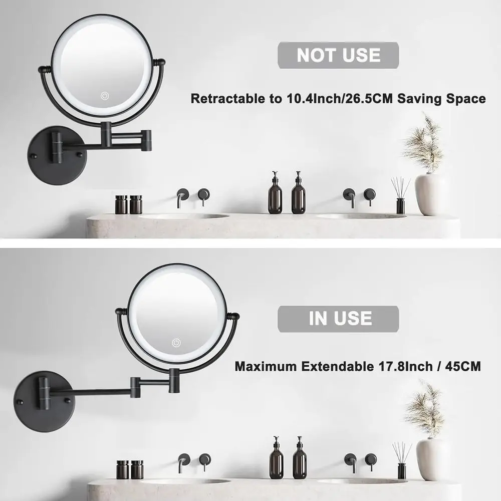 8 مرآة مكياج LED مع تعتيم 3 ألوان، تكبير 1X/10X، ذراع قابلة للتمديد، 360 درجة °   دوار، سلكي، أسود غير لامع