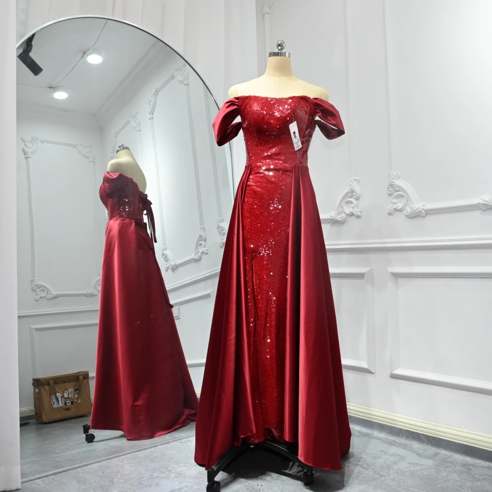 Ashely Alsa Real Photos Wine Red High Slit Prom Wedding Party Dresses Sequined Satin Long Women Formal Evening Gown Pageant 2024