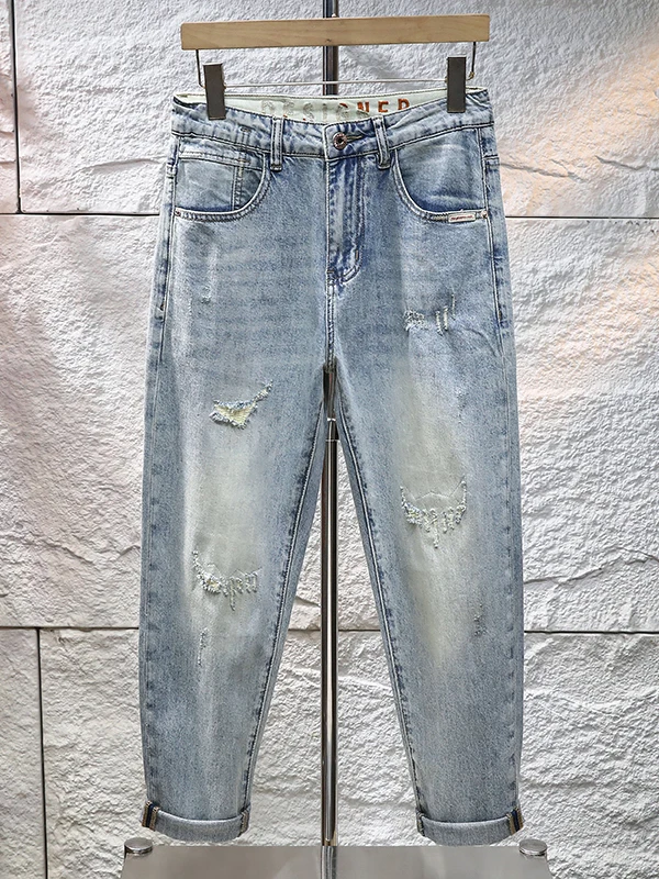 

Retro American Men's Jeans 8-Point Hole Wear-Resistant Loose Cone ape Casual Pants Spring Season mid Waist Cotton Elastic D...