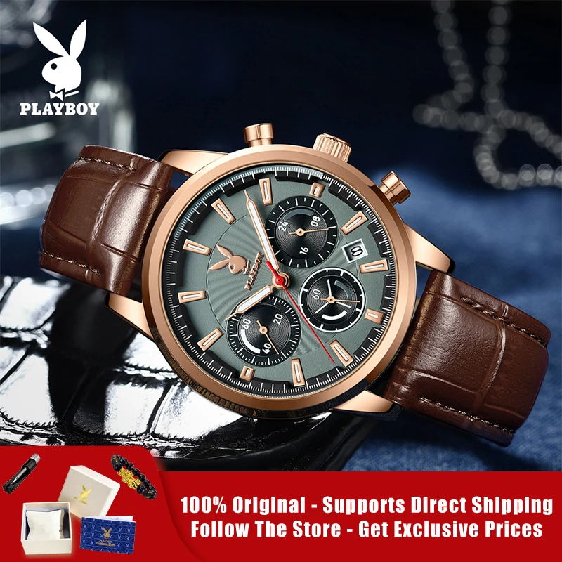 PLAYBOY 3305 Brand Original Authentic Watches for Man Luxury Leather Strap Chronograph Calendar Quartz Men's Watch