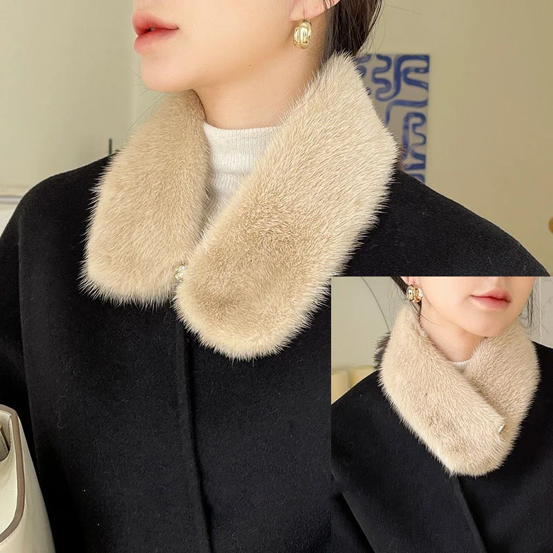 

Women's Short Solid Color Mink Scarf Korean Edition Fashionable Double Faced Mink Button Small Scarf Elegant Autumn New Style