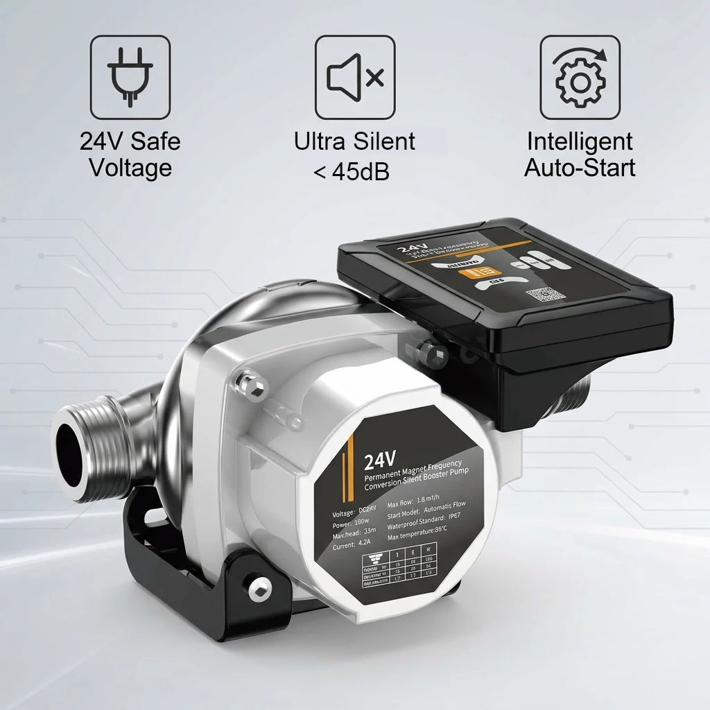 

WaterPro 24V Silent AutomaticPump Stainless Steel High Pressure Circulation Permanent Magnet Water Pump for Home Shower