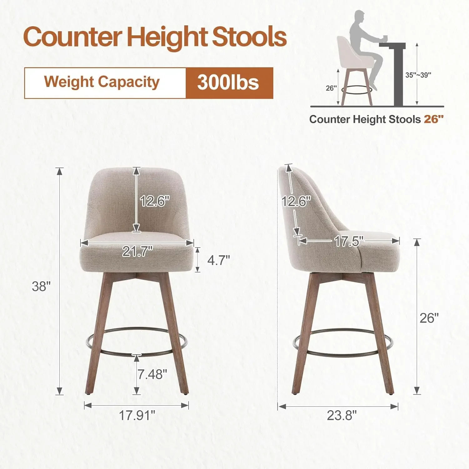 Counter Height Bar Stools Set of 3, Modern Mid-Century Swivel Barstools with Backs and Wood Legs.