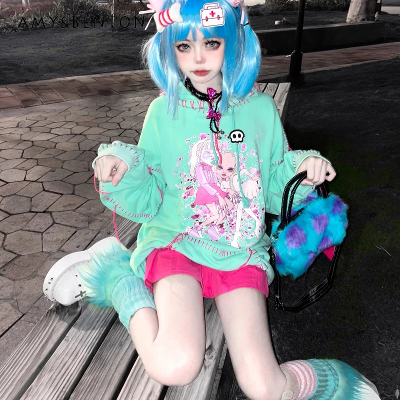 

Autumn New Green Whitening Handmade Knitted Tassel Pullover Women's Sweatshirt Original Design Loose Versatile Hoodie Ladies