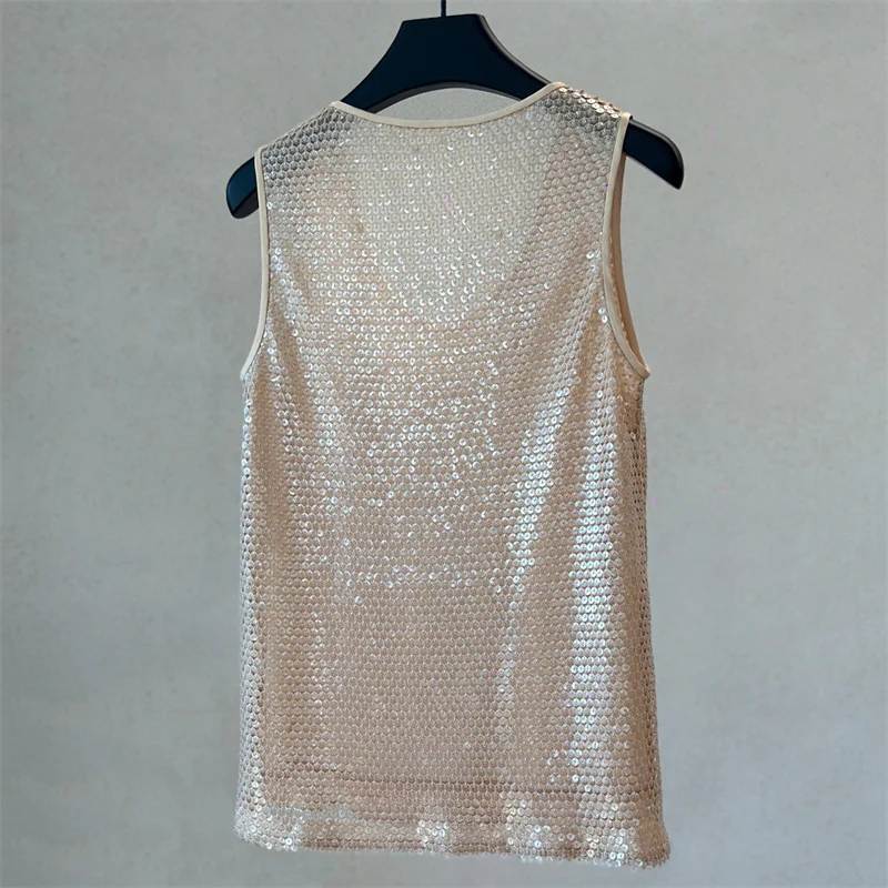 women's vest New round neck slim fit sleeveless top for summer 2026 Sequined decorative women's tight corset y2k women's t-shirt