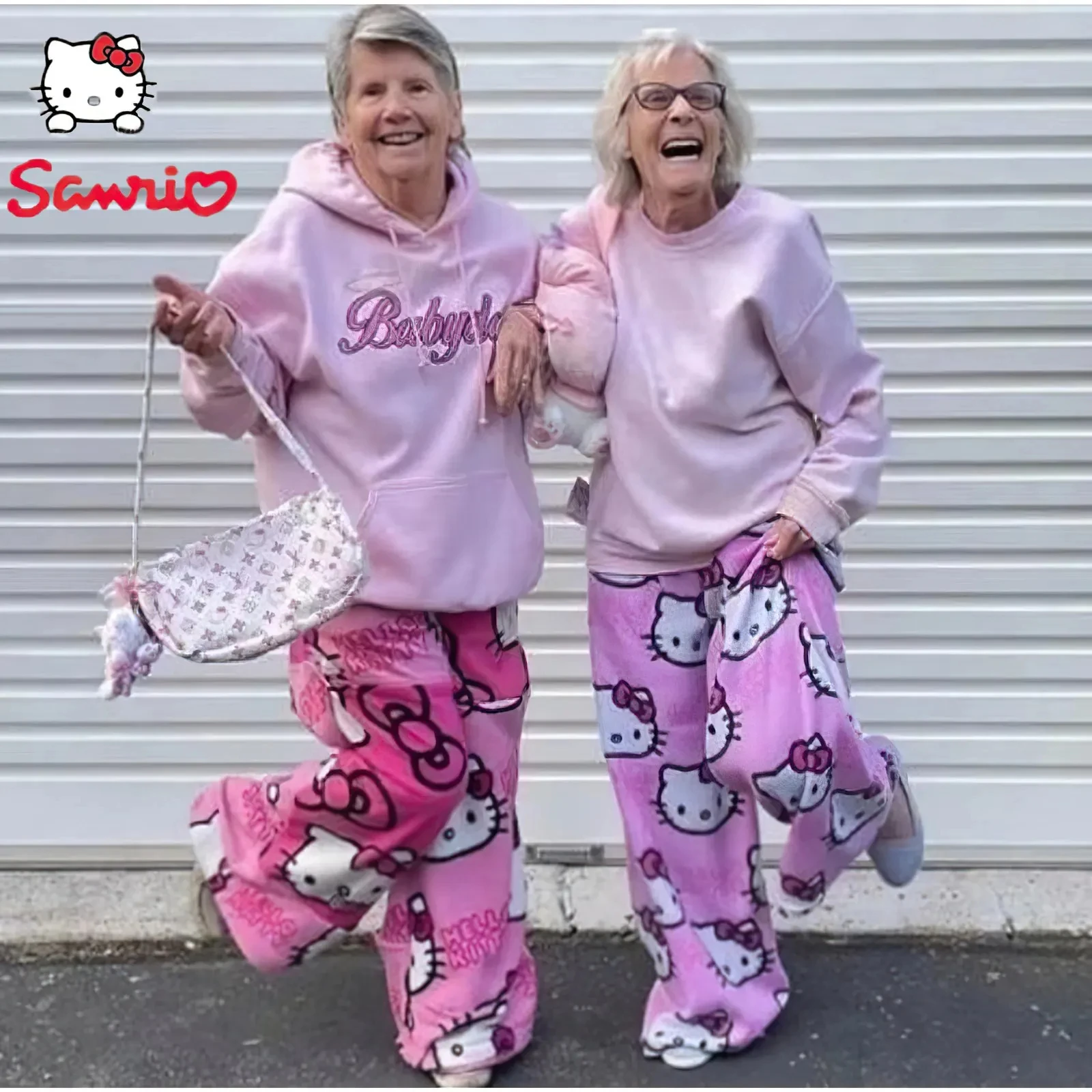 Hello Kitty pijama anime de flanela feminina e feminina, calça de lã quente, casual cartoon, preto e rosa, outono