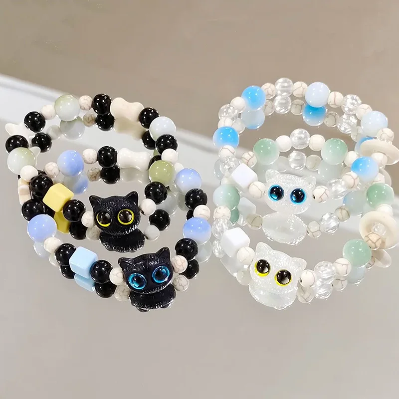 

Steel Fun New Cartoon Kitten Charm Bracelet for Women Holiday Gift Gradient Beads Hand Chain Girls Jewelry Gift Y2k Accessories