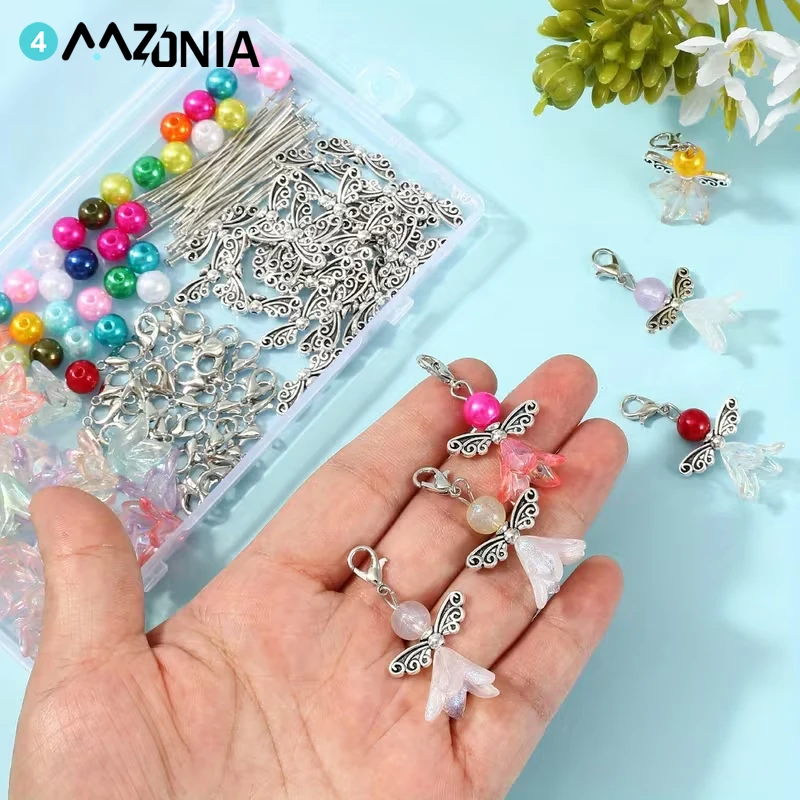 150-teiliges DIY Schmuckherstellungs-Set mit Gemischten Acryl-Lilienblumen-Perlen, Engelsflügel-Anhängern und Karabinerverschlüssen für Armband-Zubehör – Detail 1