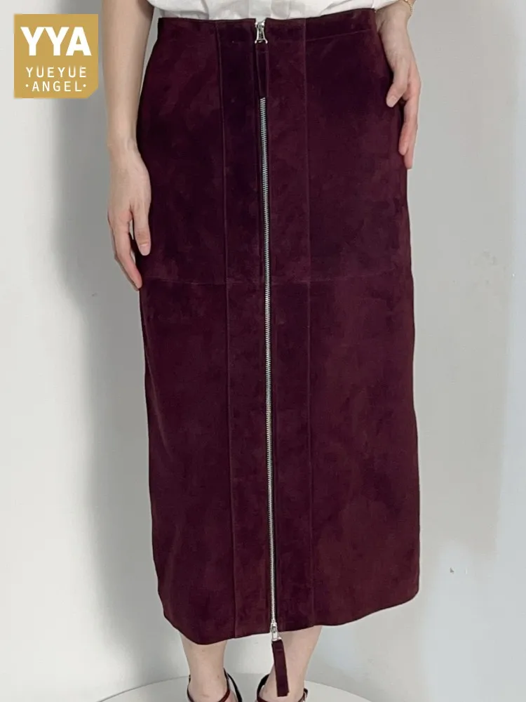 Ladies Leisure Style Solid Color Genuine Leather Top Quality Long Skirts High Waist Zipper Sheepskin Handmade Straight Skirt