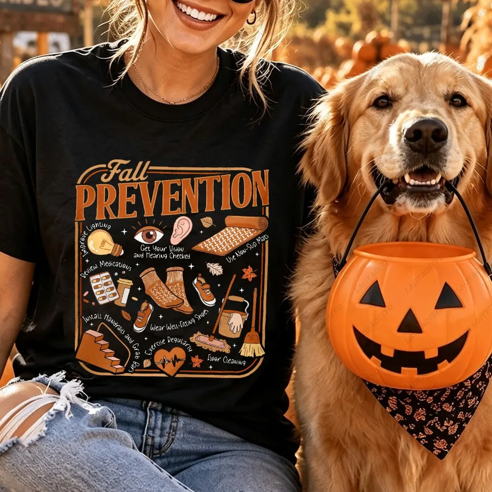 Fall Prevention Safety Care Retro Poster Graphic Couples Short Sleeve Cotton T-Shirt Funny Medical Worker Fall Nurse Women Tee