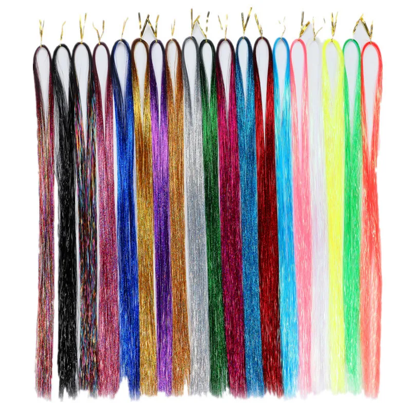 93cm Sparkle Hair Tinsel Rainbow Colored Strands Girls Headwear Hairbinge Hair Laser False Hair Extensions Decor Glitter Strips