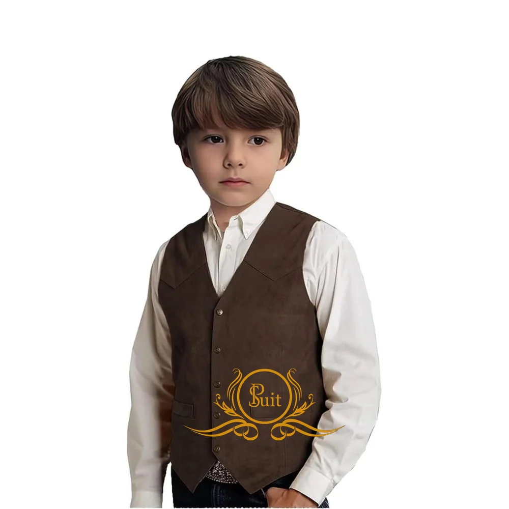 Boy’s Suede Vest Casual Western Cowboy Style Slim Fit Waistcoat For Boys