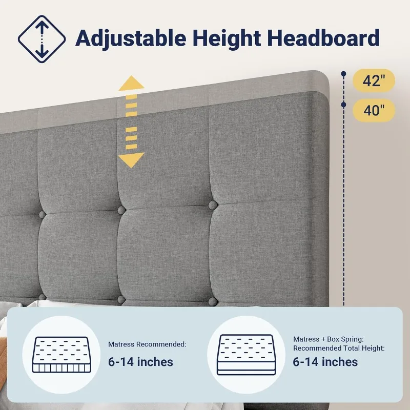 إطار سرير منجد بمنصة بحجم كينج مع 4 أدراج تخزين ولوح رأسي، وزر مخيط مربع معنقدة