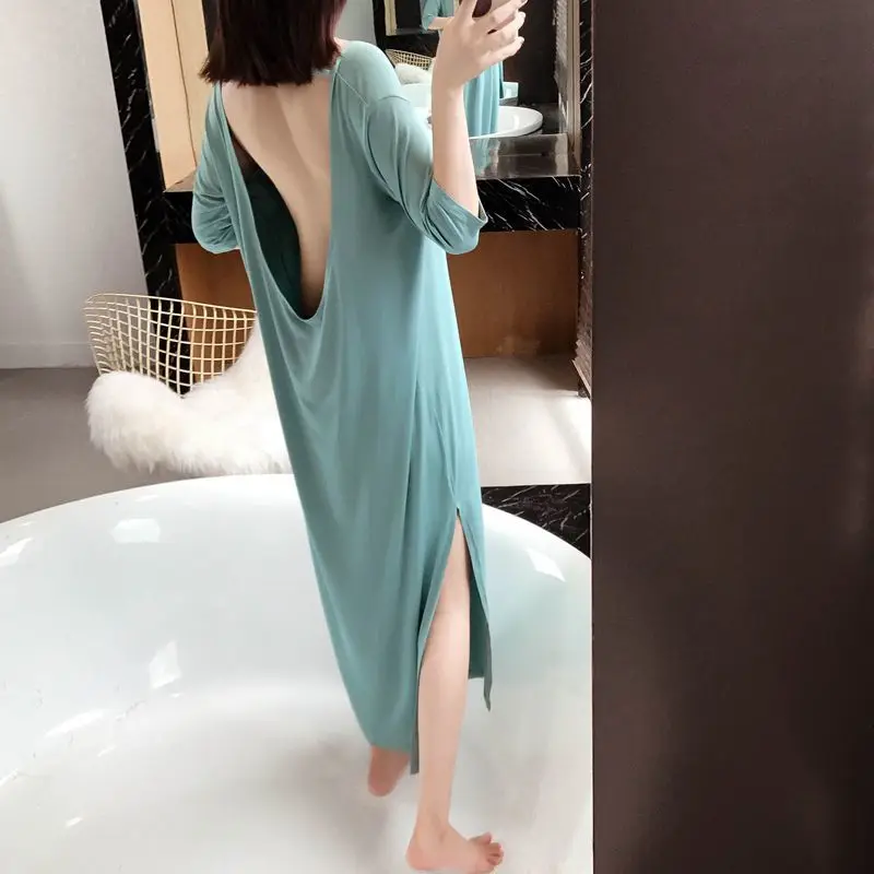 เซ็กซี่เรียบง่ายBackless Slit Hem Tเสื้อฤดูร้อนใหม่แขนสั้นหลวมMidiชุดแฟชั่นสบายๆเสื้อผ้าผู้หญิง