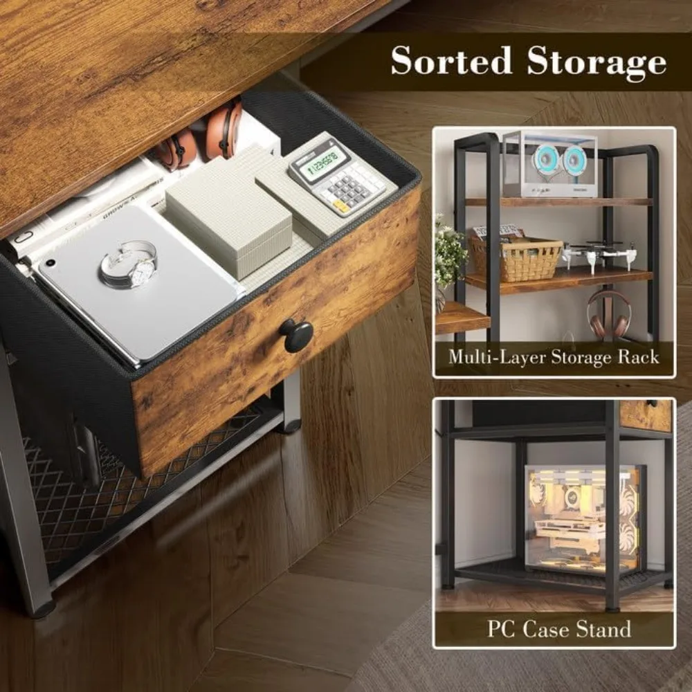 مكتب كمبيوتر ممتاز مقاس 44 بوصة مزود بخزانة وأدراج، مكتب منزلي قابل للعكس مع رف شاشة، مكاتب ألعاب صغيرة مزودة بمنفذ USB