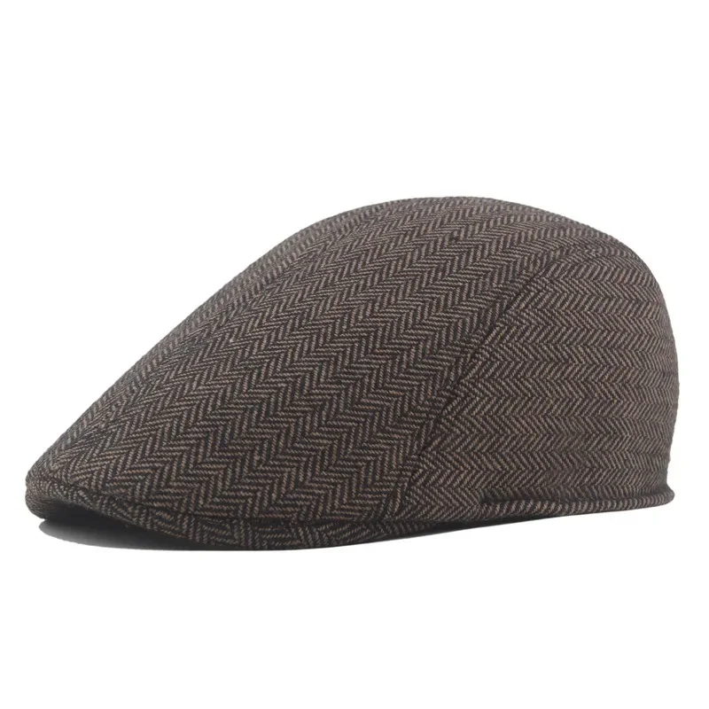 Herren Mode Baskenmützen Hochwertige Herbst-Winter Woll-Fischgrätmuster Flache Mütze Klassischer Künstler-Malermützen-Stil Männliche Gorras – Detail 15