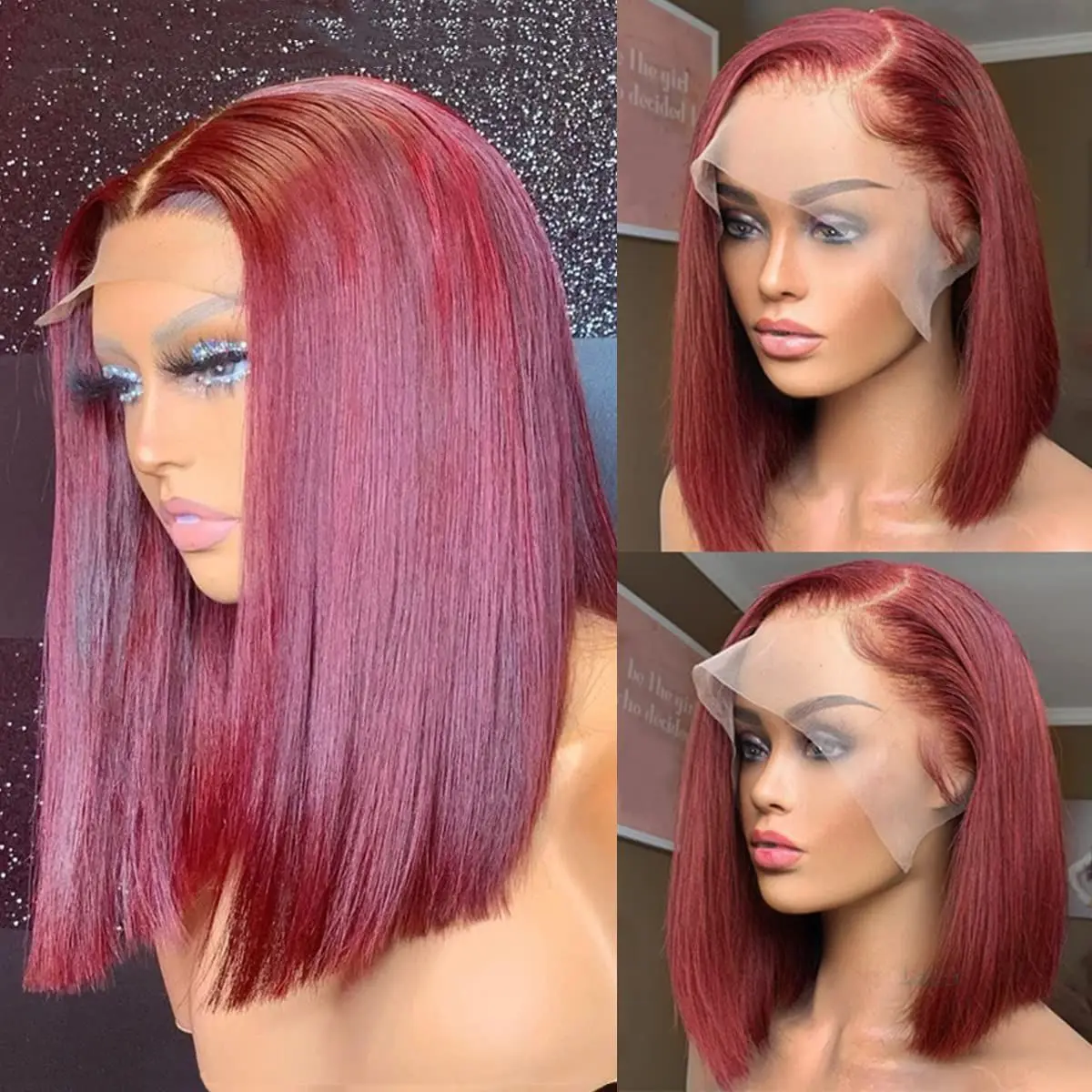 200% 13x6 Burgundy HD transparan rambut manusia Bob pendek Wig warna 99J tulang merah renda lurus Wig depan untuk wanita telah ditanami