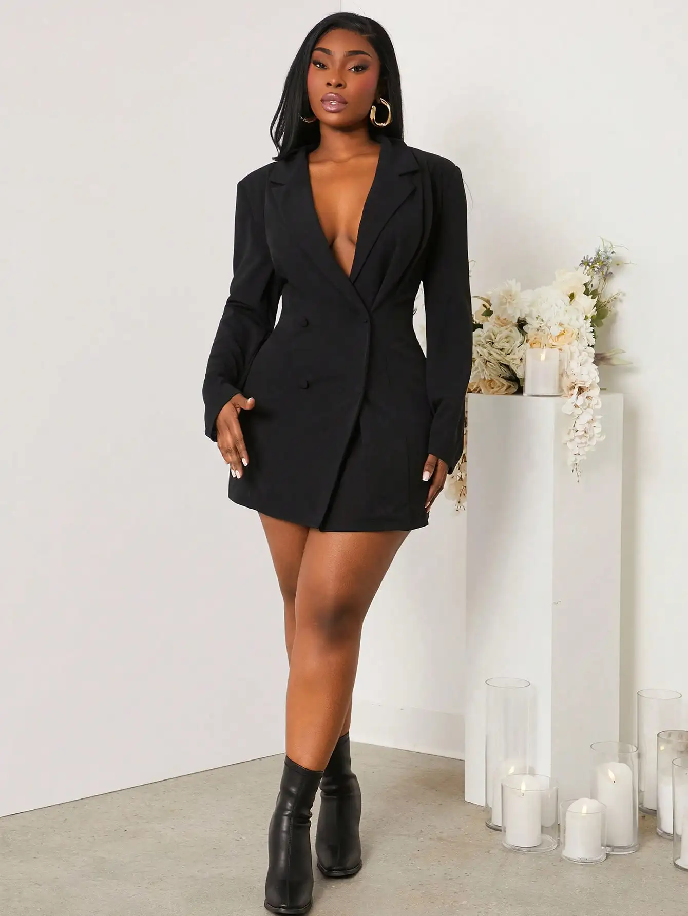 

Black Double-Breasted Blazer Dress with Deep V-Neck and Mini Skirt