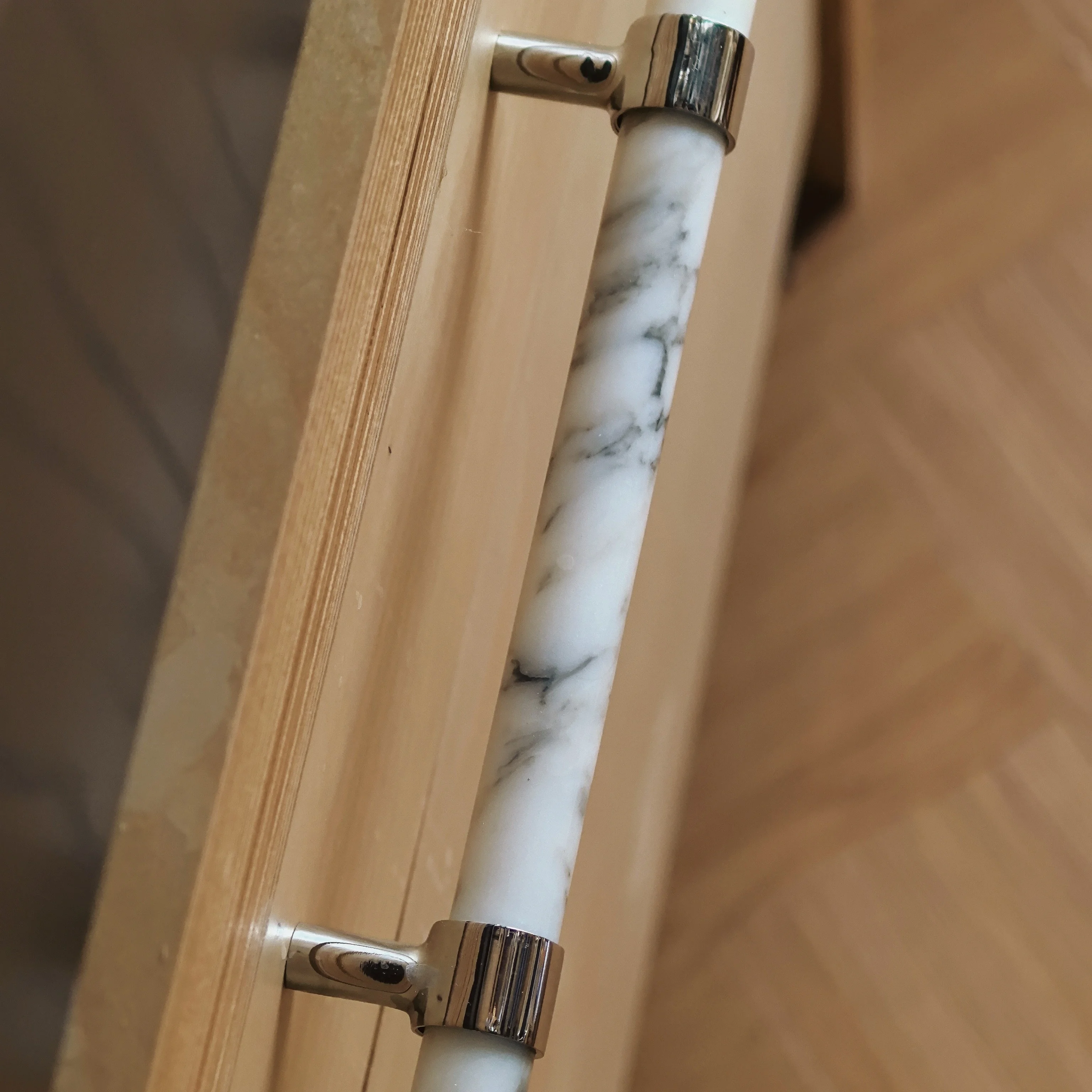 Stonekocc Carrara White Natural Marble Cabinet Handles Long Stone Drawer Pulls With Metal Ends