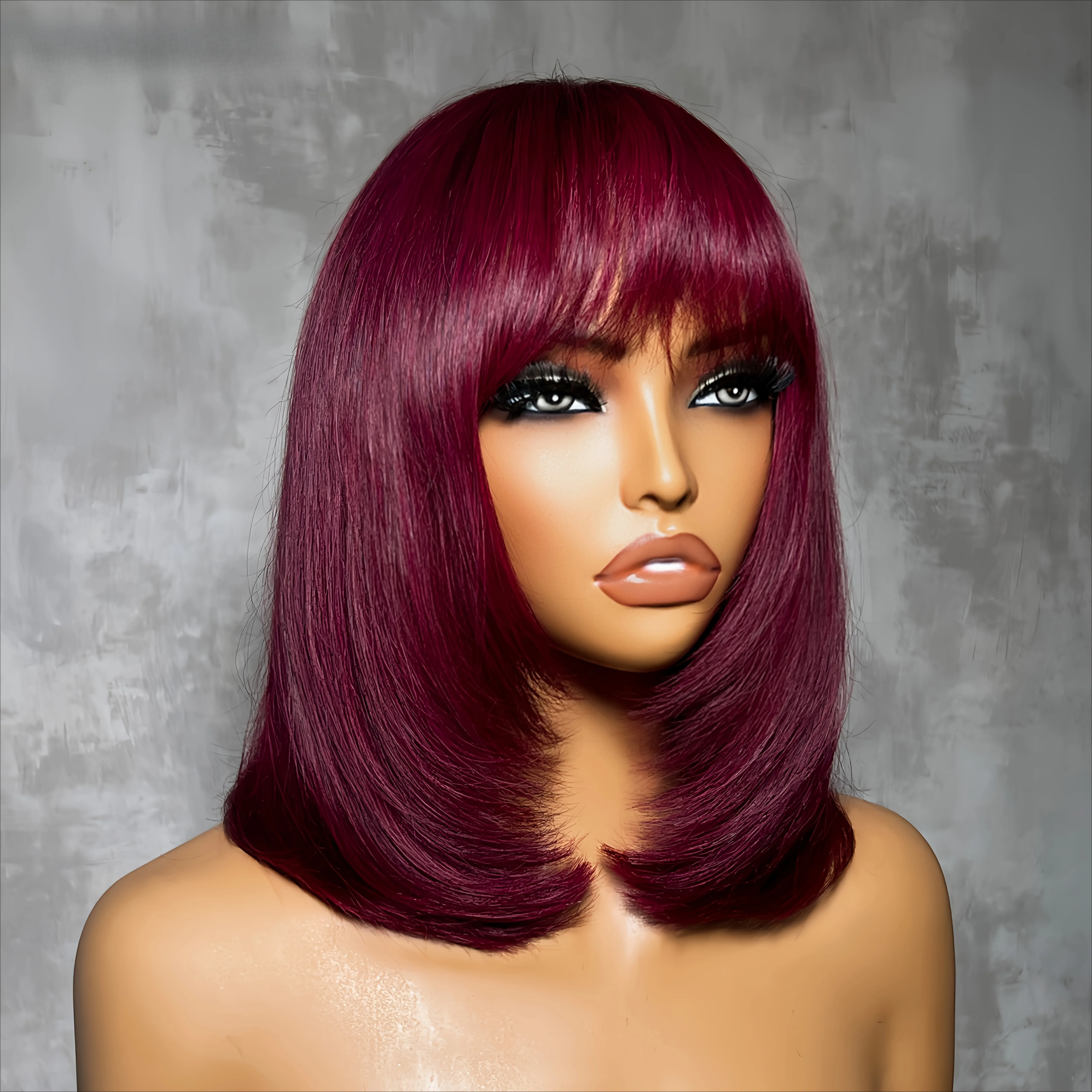 99J Burgundy Red Wig Layered Cut Short Bob Lace Front Wig with Bangs 13x4 HD Synthetic Cosplay Makeup Daily On Clearance Sale