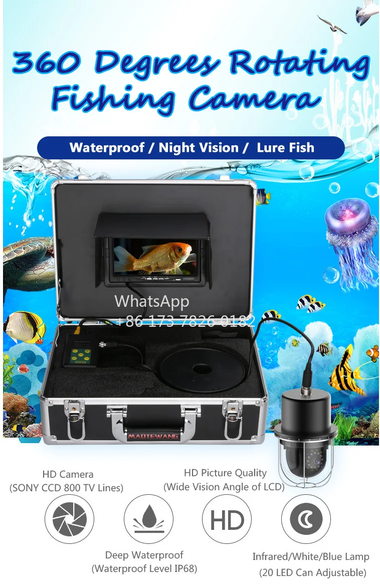 Gravador DVR de 7 polegadas Câmera de vídeo para pesca subaquática IP68 à prova d'água 20 LEDs Dome giratório de 360 graus