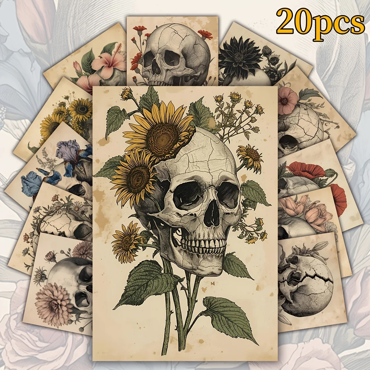 20PCS Retro Dark Skull Flower Postcard Set, Flower Skull Art Decorative Cards, Used for Garbage Diaries, Halloween Decoration