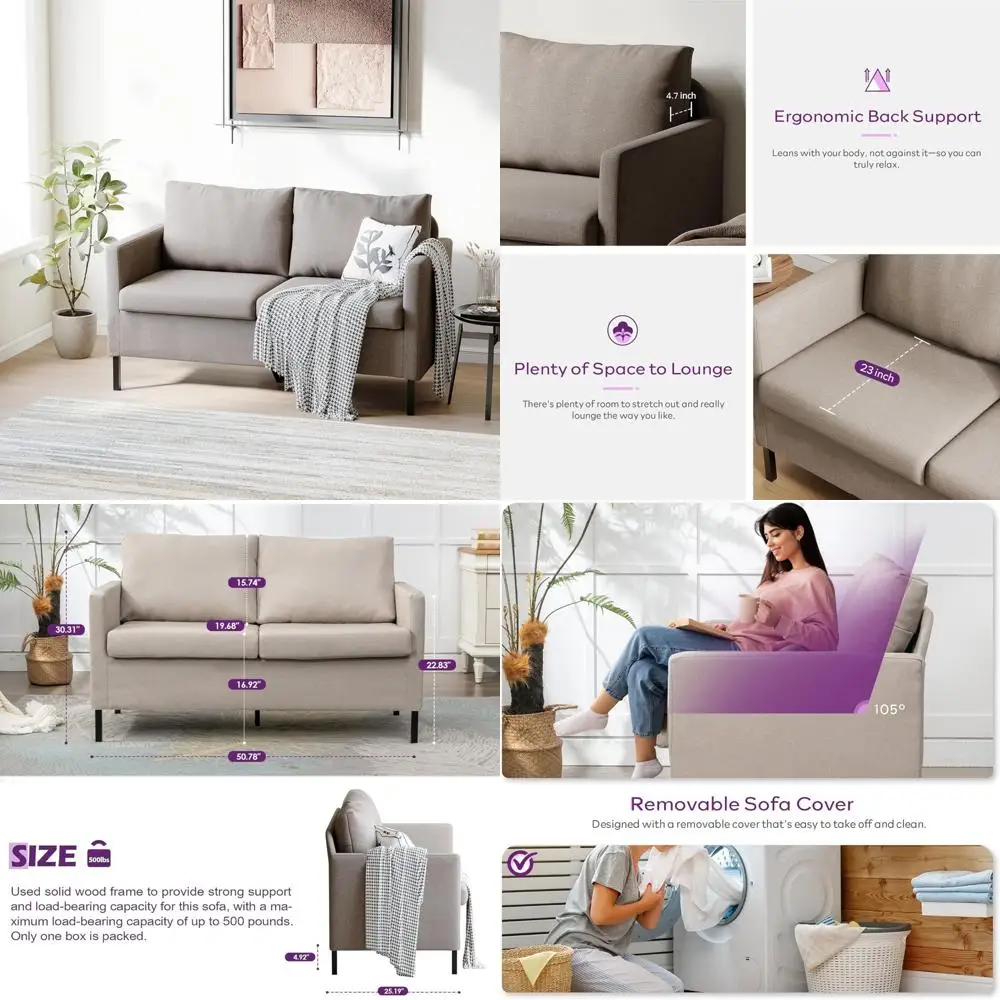 Modern 2-Seater Loveseat Sofa for Living Room, 51 Inch Compact Upholstered Couch with Iron Legs for Small Spaces