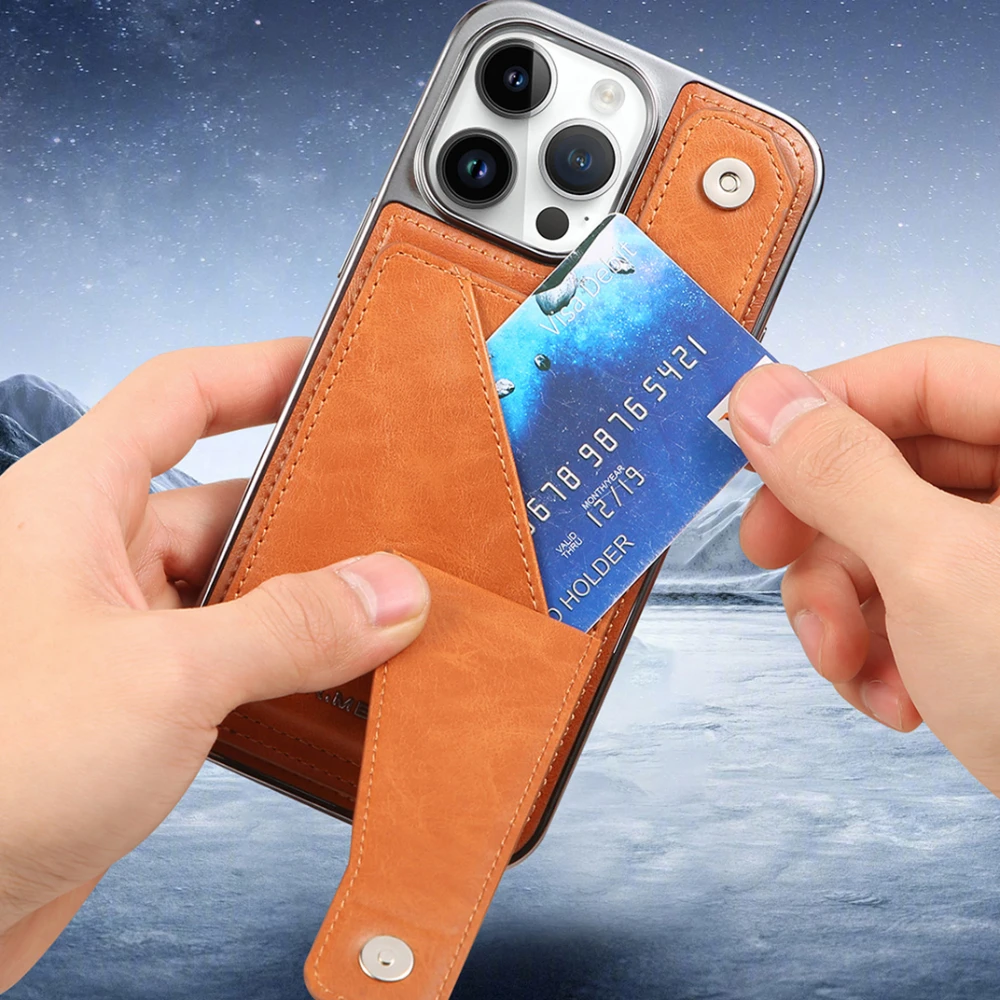 Luxury Folding Kickstand Cards Solt Wallet Leather Phone Case For iPhone 15 16 Pro Max 14 Plus 13 12 Bag Plating Cover Bracket